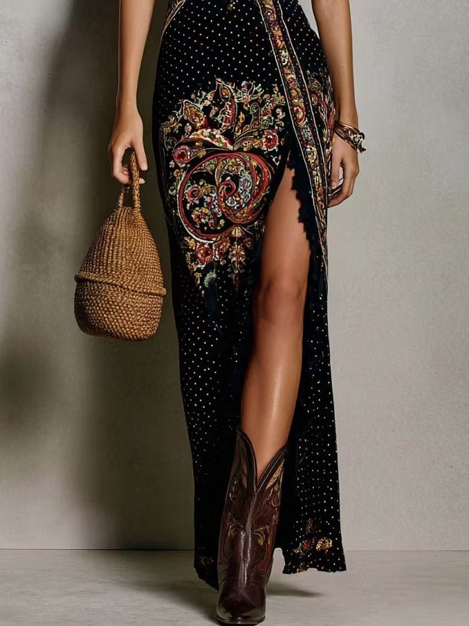 Héloïse | Bohemian Style Printed Dress with Deep V-Neck and High Split