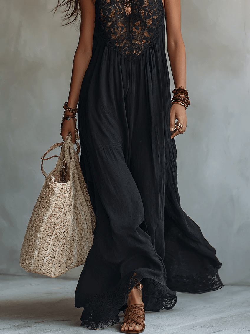 Marguerite | Bohemian Sleeveless Maxi Dress with Lace Trim