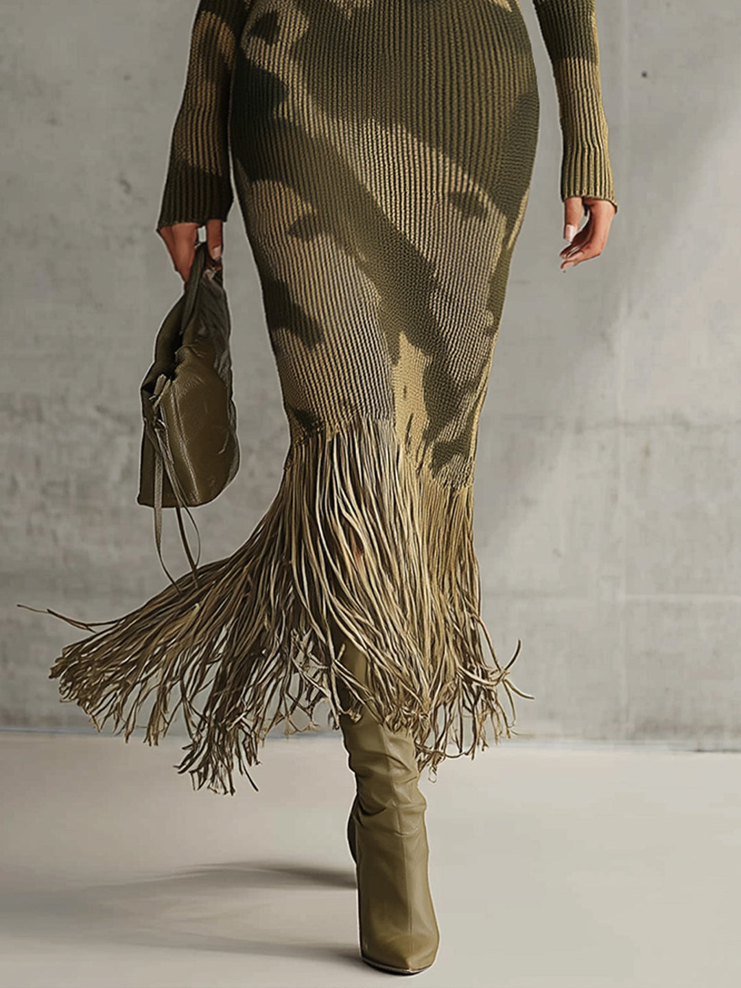 Yohers Olive Camo Knit V-Neck Fringe Hem Bodycon Dress