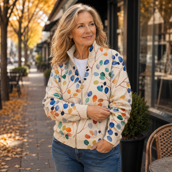 Imogene | Botanical Leaf Print Zip Cardigan