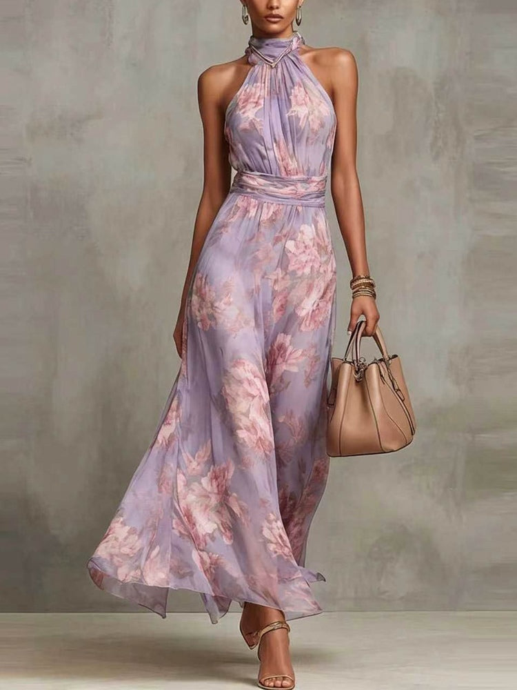 Adèle | Floral Chiffon Halter Maxi Dress