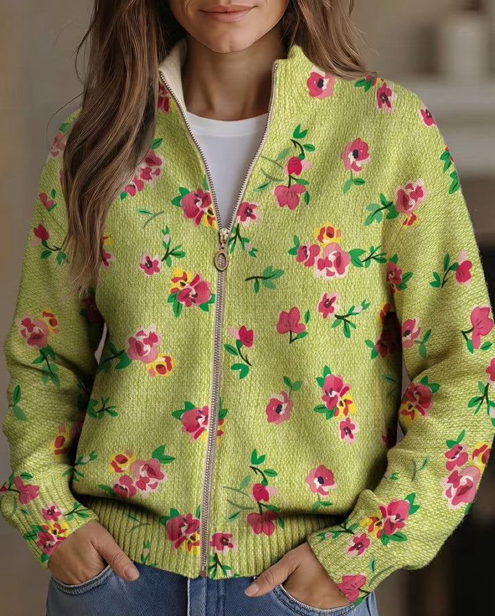 Constance | Pink Floral Lime Zip Cardigan