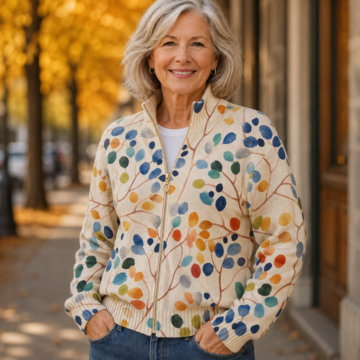Imogene | Botanical Leaf Print Zip Cardigan