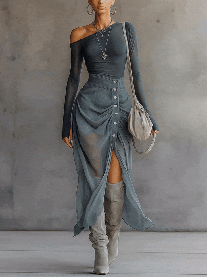 Blue Stretch Knit Chiffon Off-shoulder Maxi Dress With Slit Hem