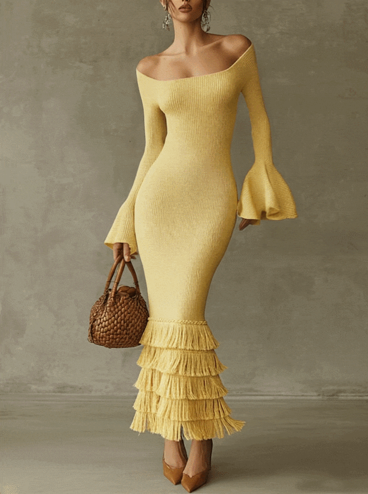 Yellow Off Shoulder Fringe Lightweight Knit Bodycon Dress