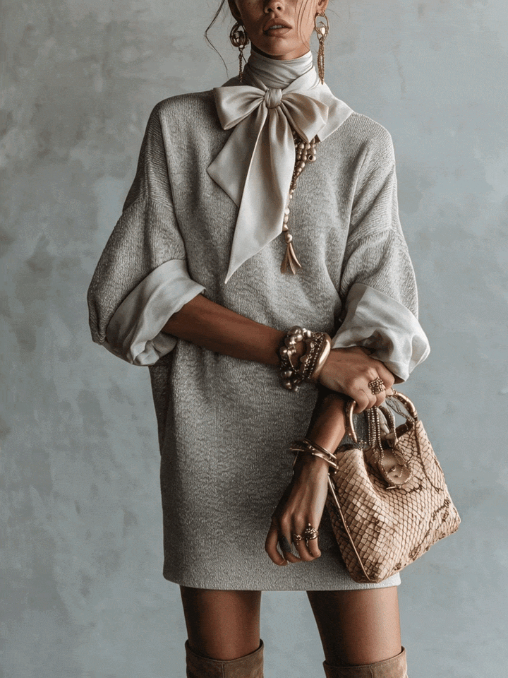 Gray Satin Bow Knit Five Sleeve Mini Dress