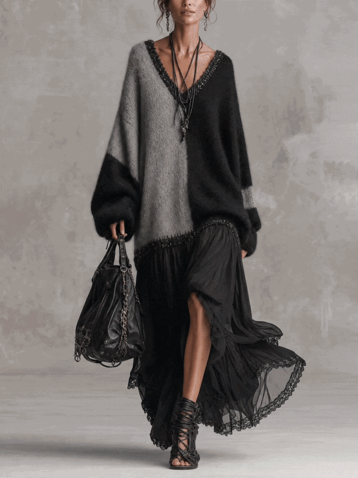 Black And Gray Chiffon Patchwork Oversized Knit Maxi Dress
