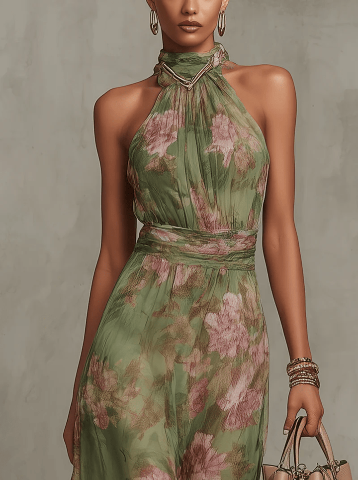 Adèle | Floral Chiffon Halter Maxi Dress