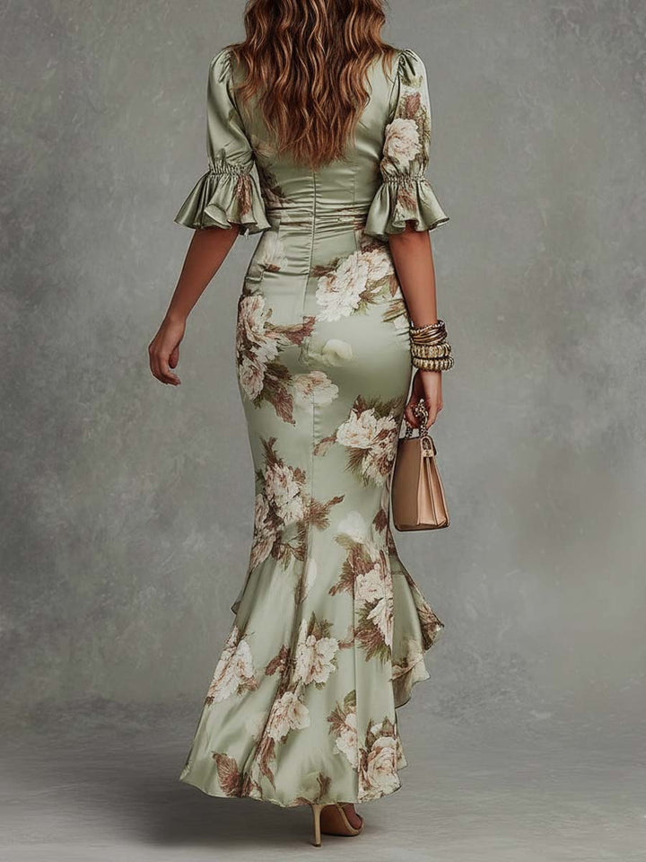 Léonie | Floral Ruffle Bell Sleeve V-Neck Satin Asymmetrical Maxi Dress