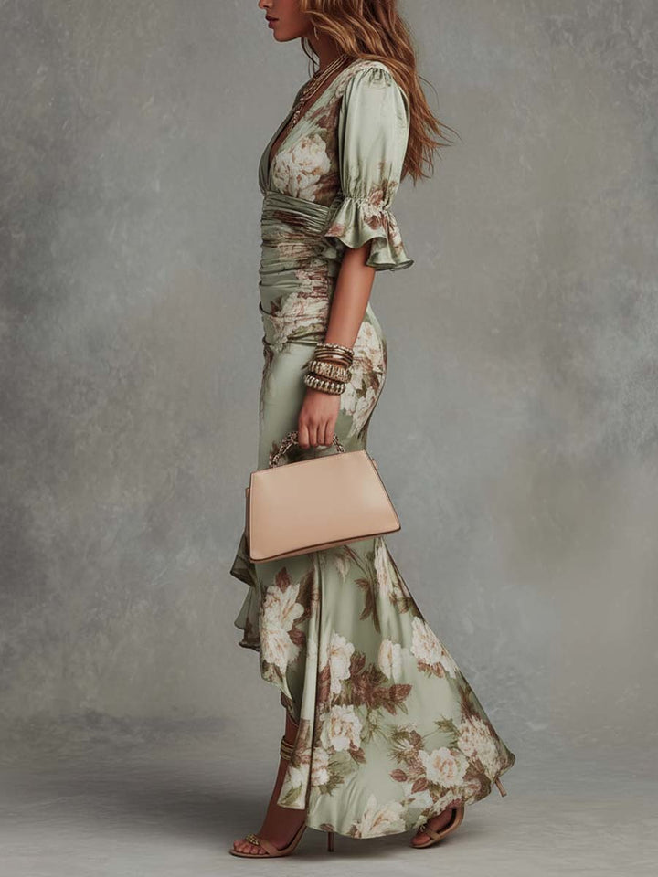 Léonie | Floral Ruffle Bell Sleeve V-Neck Satin Asymmetrical Maxi Dress