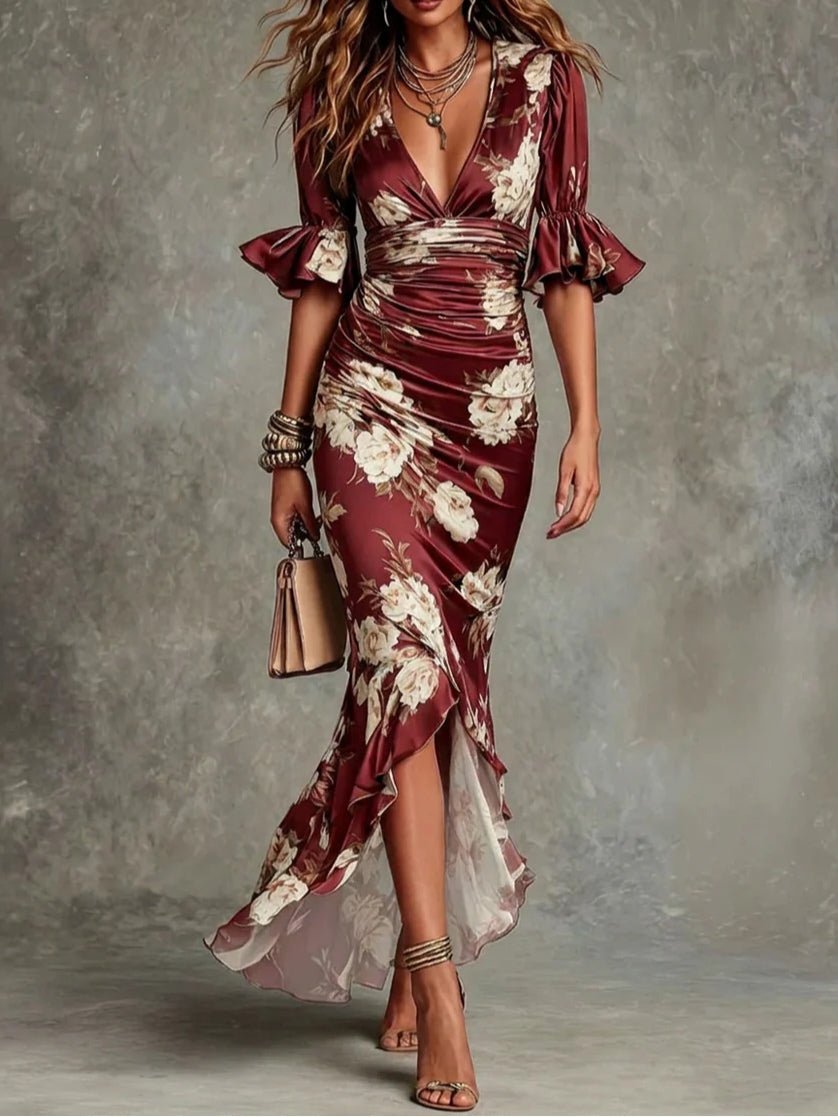 Léonie | Floral Ruffle Bell Sleeve V-Neck Satin Asymmetrical Maxi Dress