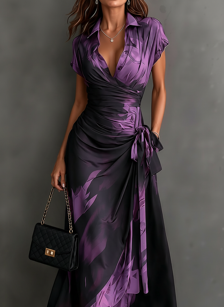 Elisa | Midi Wrap Dress in Abstract Print, Purple