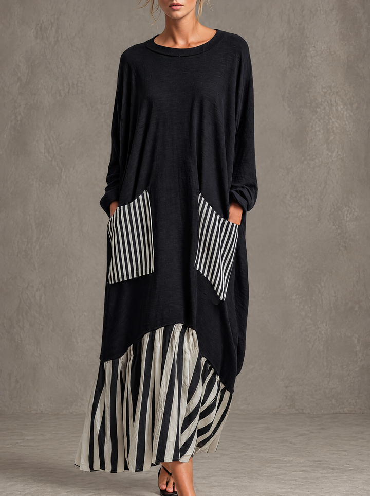 Stefania | Oversized Black Cotton Long Dress with Patchwork Stripes
