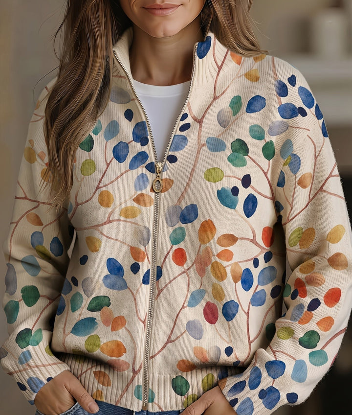 Imogene | Botanical Leaf Print Zip Cardigan