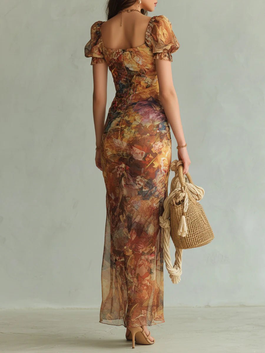 Colette | Bohemian Vacation Oil Painting Print Chiffon Maxi Dress