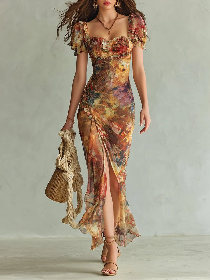Colette | Bohemian Vacation Oil Painting Print Chiffon Maxi Dress