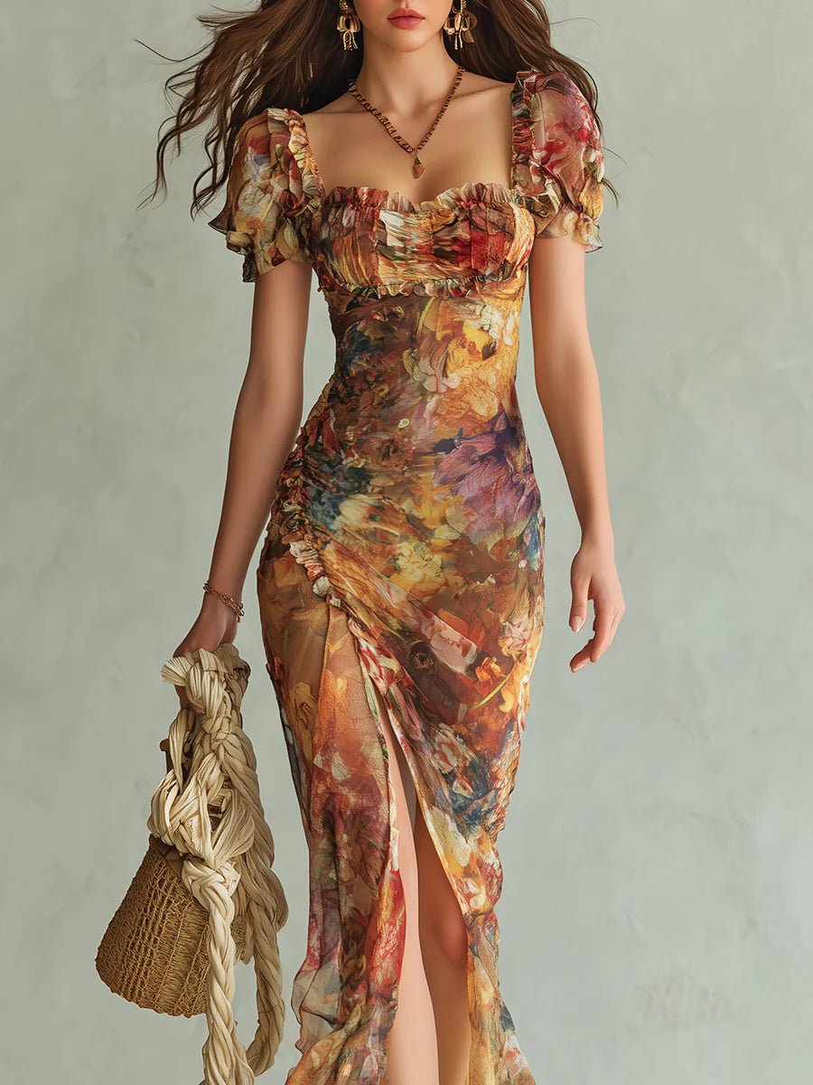 Colette | Bohemian Vacation Oil Painting Print Chiffon Maxi Dress