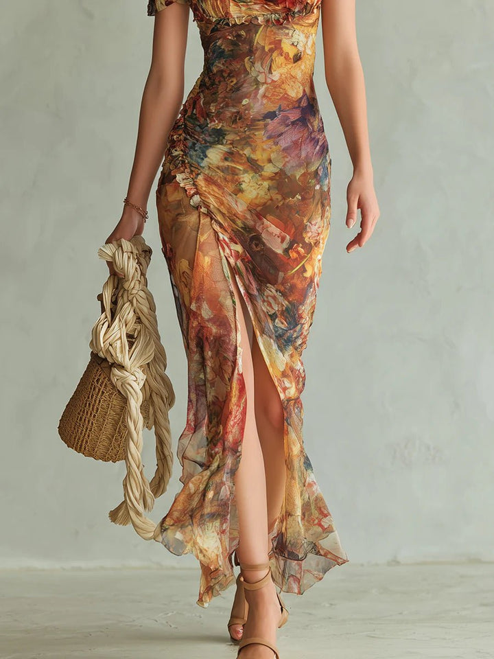 Colette | Bohemian Vacation Oil Painting Print Chiffon Maxi Dress