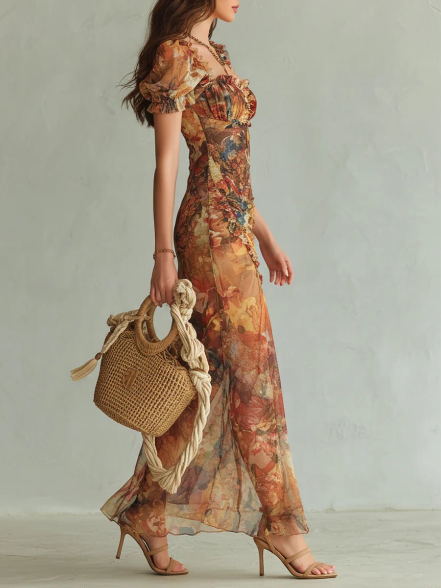 Colette | Bohemian Vacation Oil Painting Print Chiffon Maxi Dress