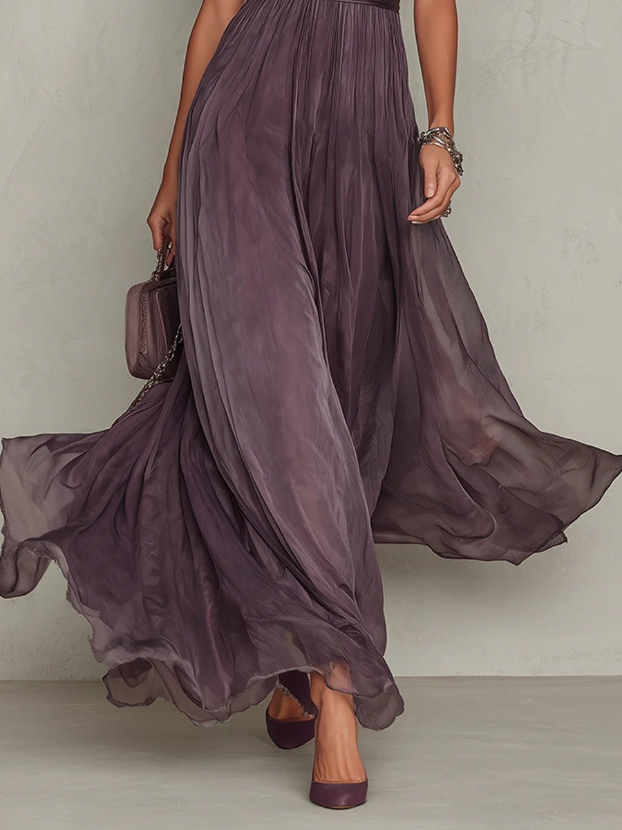 Valentine | Keyhole Neckline Chiffon Lace Trim Maxi Dress