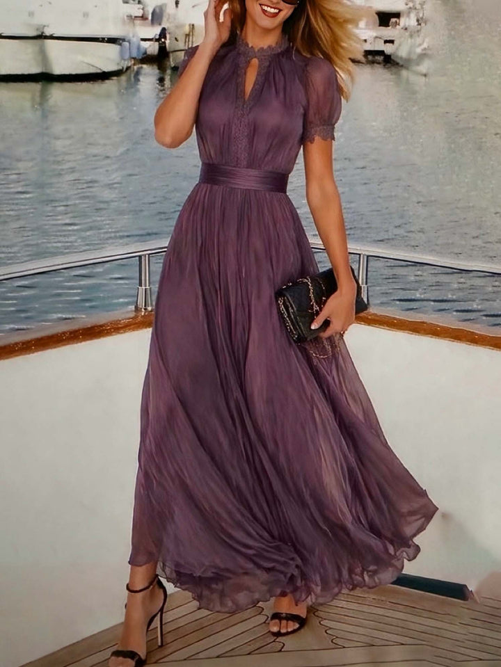 Valentine | Keyhole Neckline Chiffon Lace Trim Maxi Dress