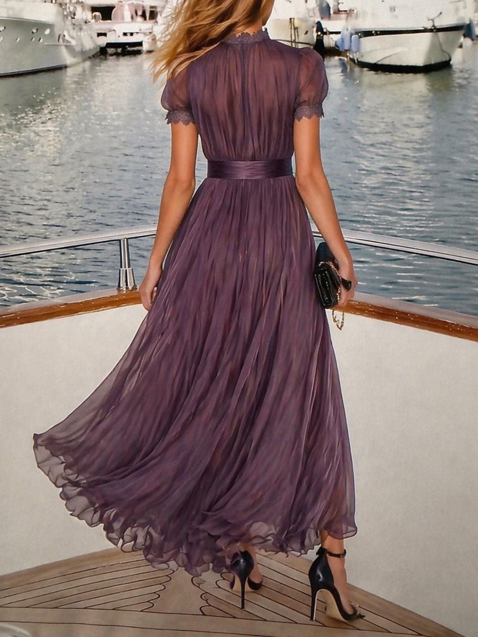 Valentine | Keyhole Neckline Chiffon Lace Trim Maxi Dress