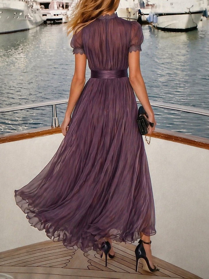 Valentine | Keyhole Neckline Chiffon Lace Trim Maxi Dress