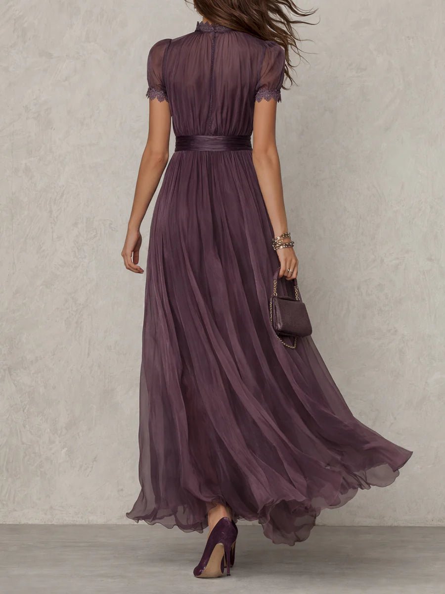 Valentine | Keyhole Neckline Chiffon Lace Trim Maxi Dress