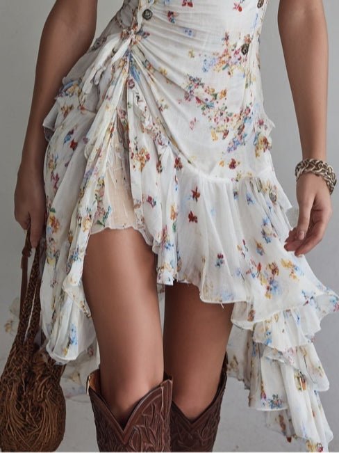 Estelle | Retro Flower V-Neck Spaghetti Strap Mini Dress