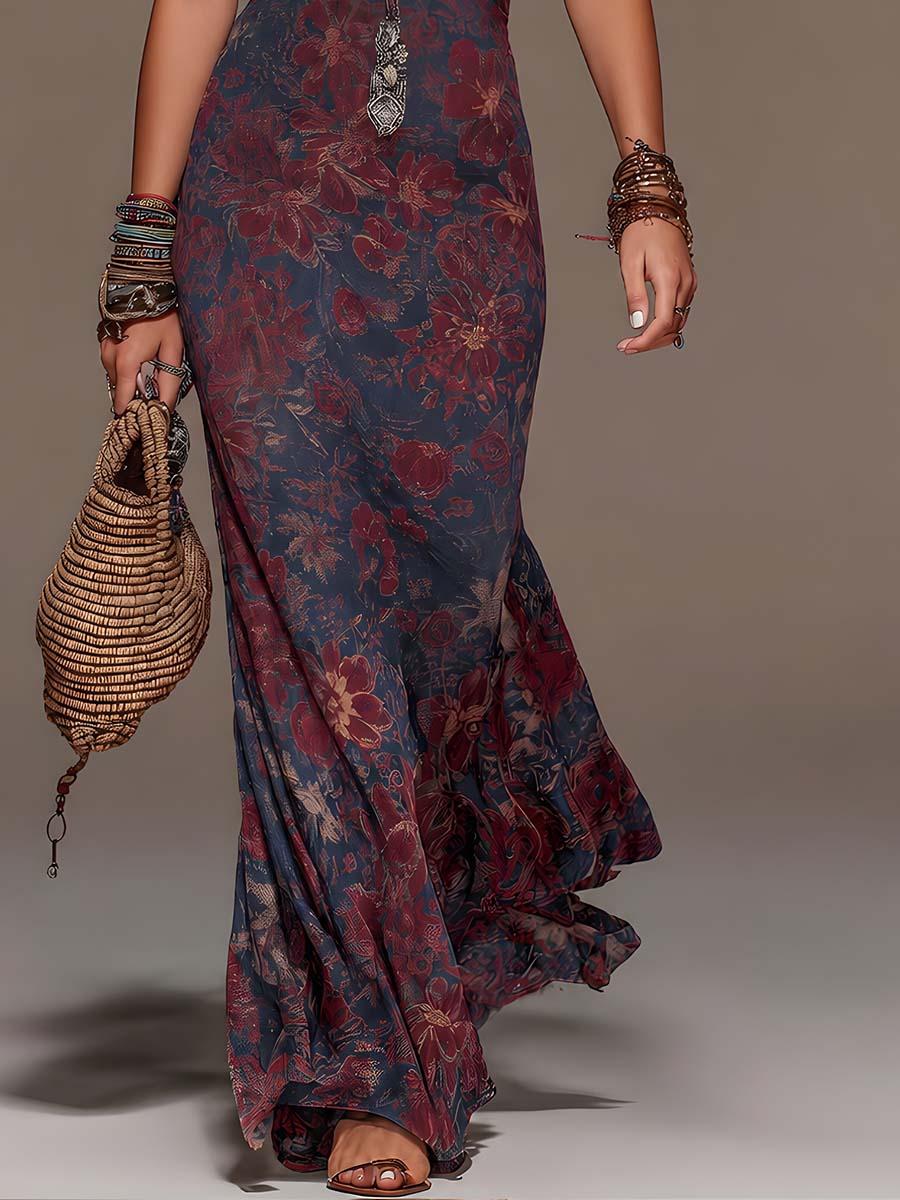 Béatrice | Retro Lace Halter Neck Floral Fishtail Maxi Dress
