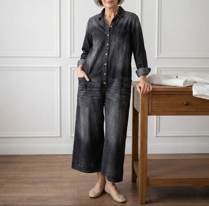 Saylor - Vintage Washed Soft Cotton Denim Jumpsuit with Button Closure