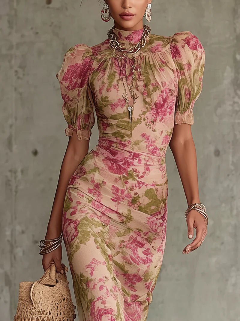 Océane | Vintage Rose Print Maxi Dress with Puff Sleeves (Accessories not included)
