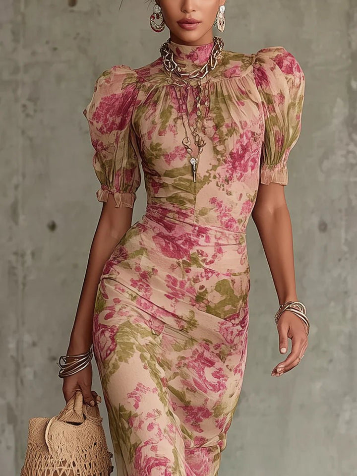Océane | Vintage Rose Print Maxi Dress with Puff Sleeves (Accessories not included)