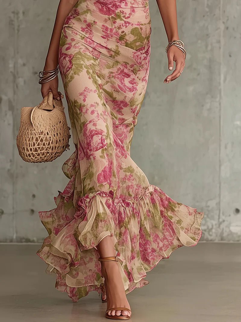 Océane | Vintage Rose Print Maxi Dress with Puff Sleeves (Accessories not included)