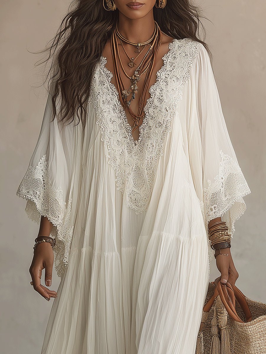 Clémence | Lace V-Neck Batwing Sleeve Chiffon Maxi Dress