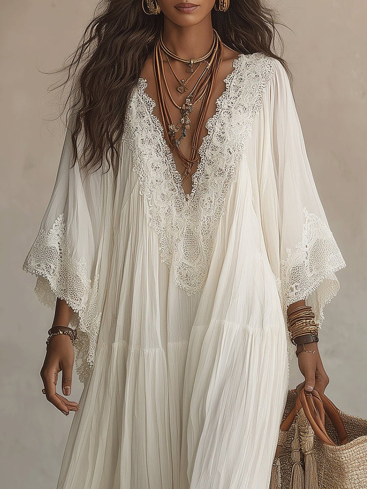 Clémence | Lace V-Neck Batwing Sleeve Chiffon Maxi Dress