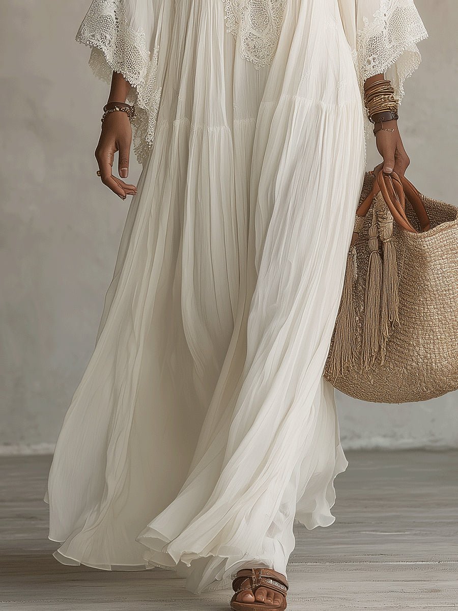 Clémence | Lace V-Neck Batwing Sleeve Chiffon Maxi Dress