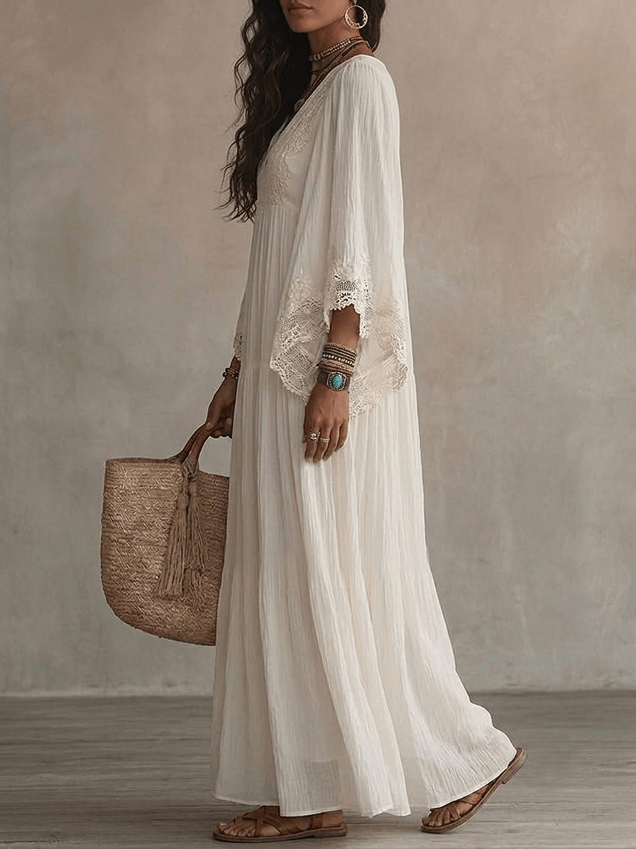 Clémence | Lace V-Neck Batwing Sleeve Chiffon Maxi Dress