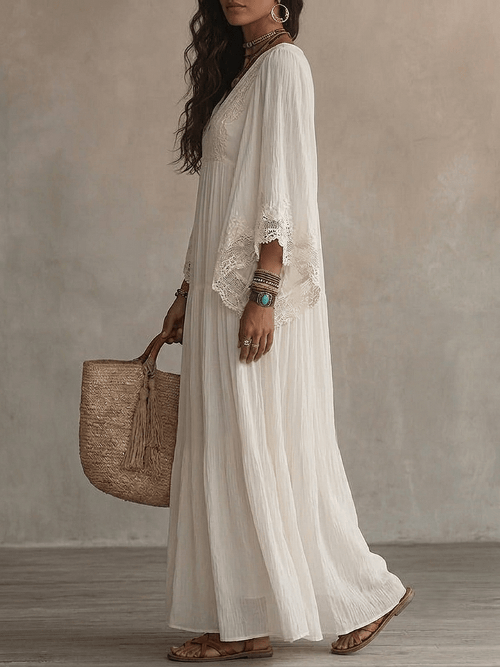 Clémence | Lace V-Neck Batwing Sleeve Chiffon Maxi Dress