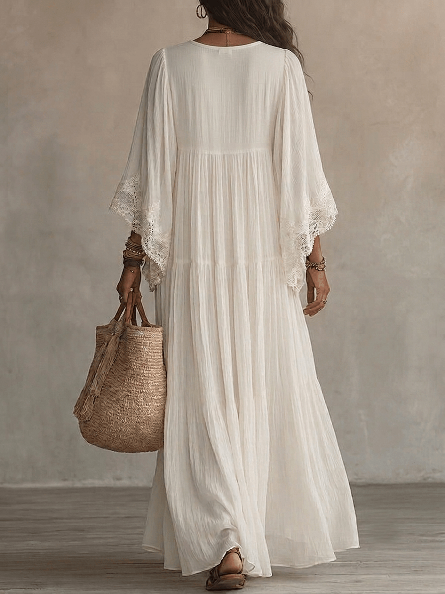 Clémence | Lace V-Neck Batwing Sleeve Chiffon Maxi Dress
