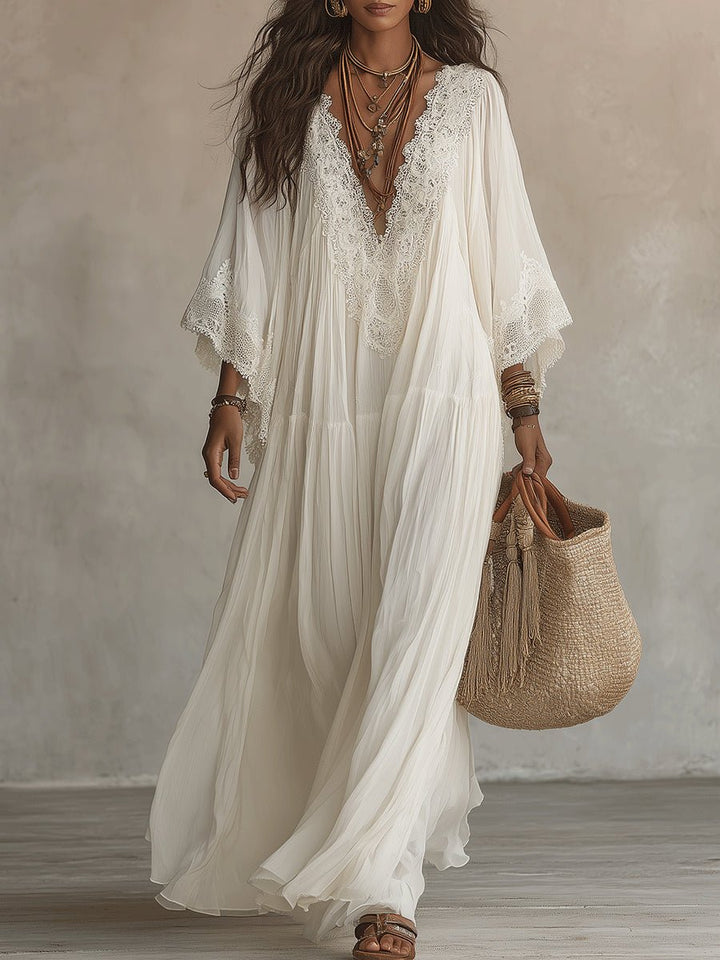 Clémence | Lace V-Neck Batwing Sleeve Chiffon Maxi Dress