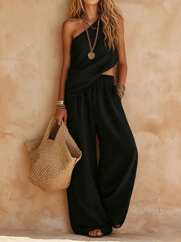 Sasha | Set Casual Top Sleeveless Pink One-Shoulder and Pants