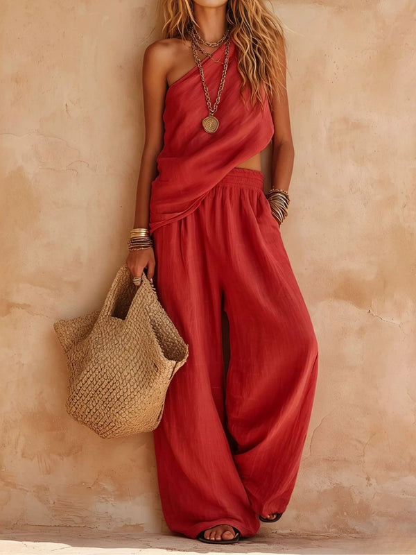 Sasha | Set Casual Top Sleeveless Pink One-Shoulder and Pants