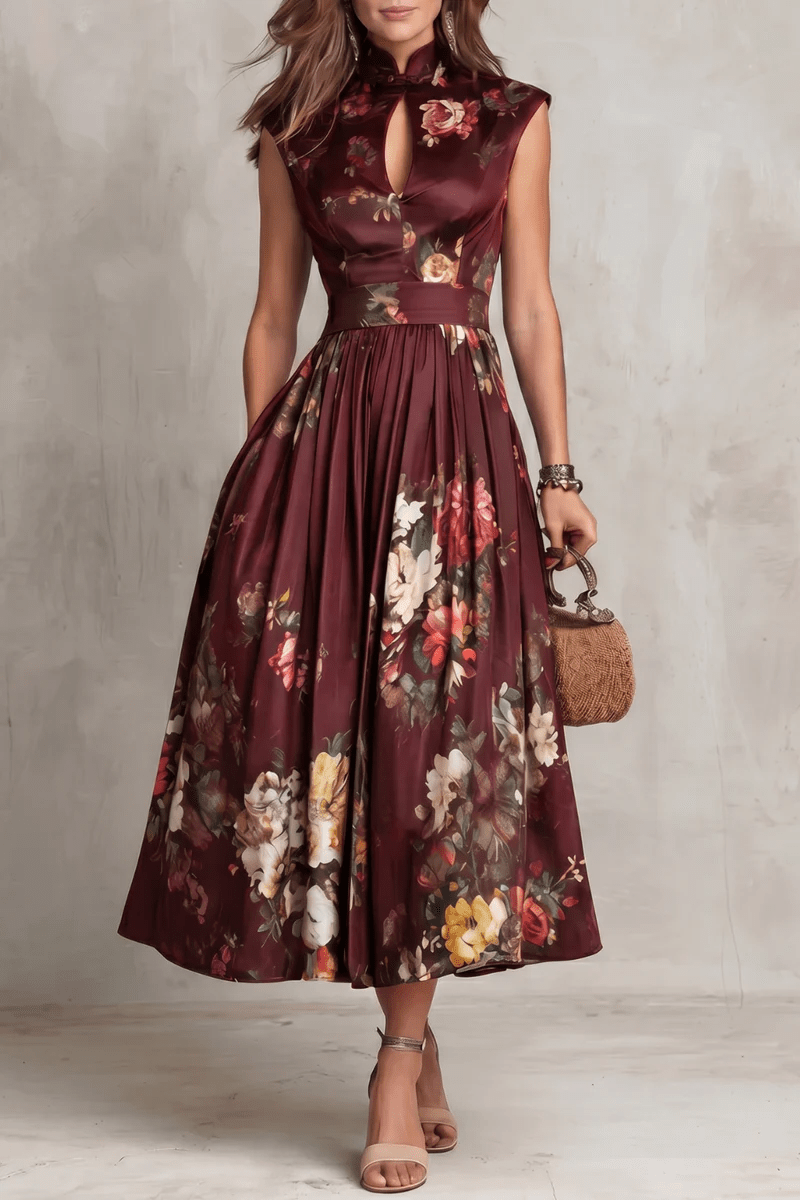 Rosalie | Keyhole Collar Floral Pleated Satin Midi Dress