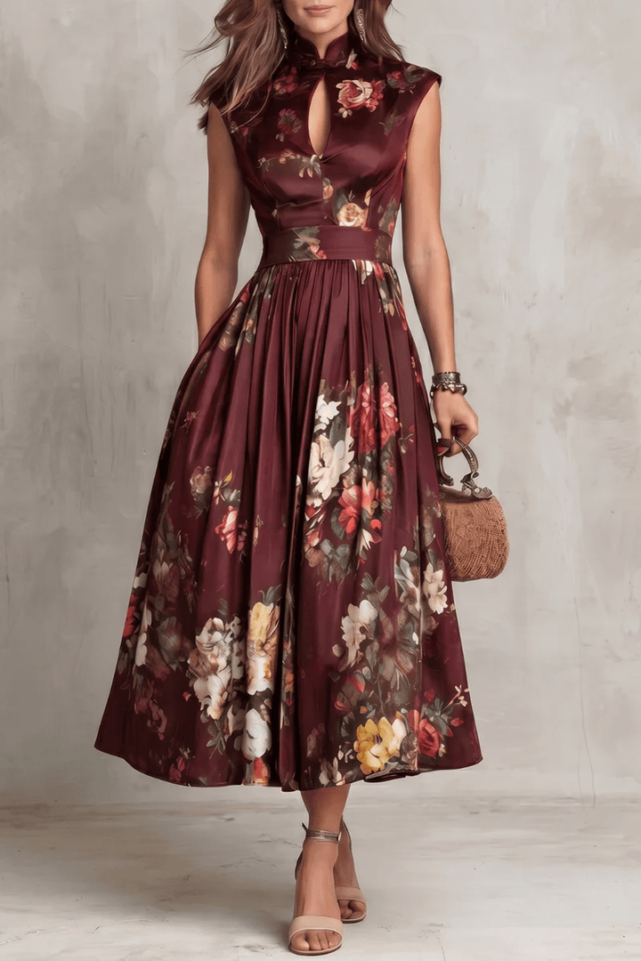 Rosalie | Keyhole Collar Floral Pleated Satin Midi Dress