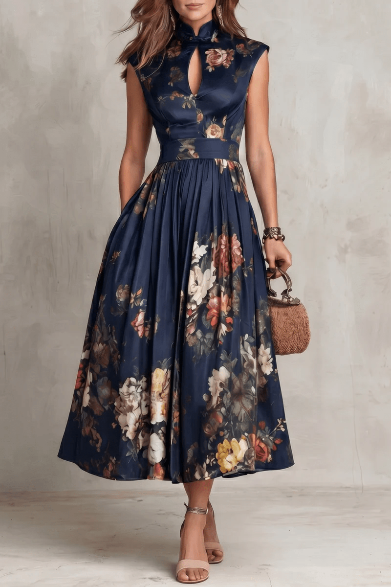 Rosalie | Keyhole Collar Floral Pleated Satin Midi Dress