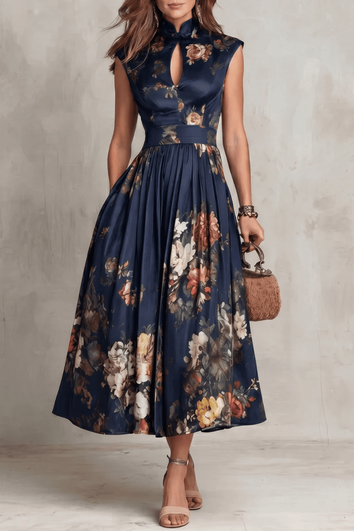 Rosalie | Keyhole Collar Floral Pleated Satin Midi Dress