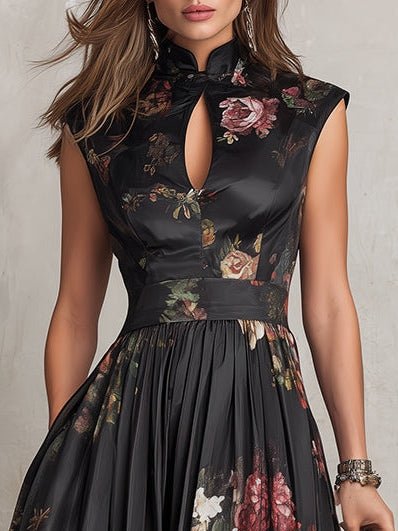 Rosalie | Keyhole Collar Floral Pleated Satin Midi Dress