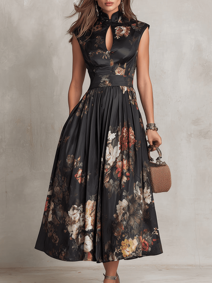 Rosalie | Keyhole Collar Floral Pleated Satin Midi Dress