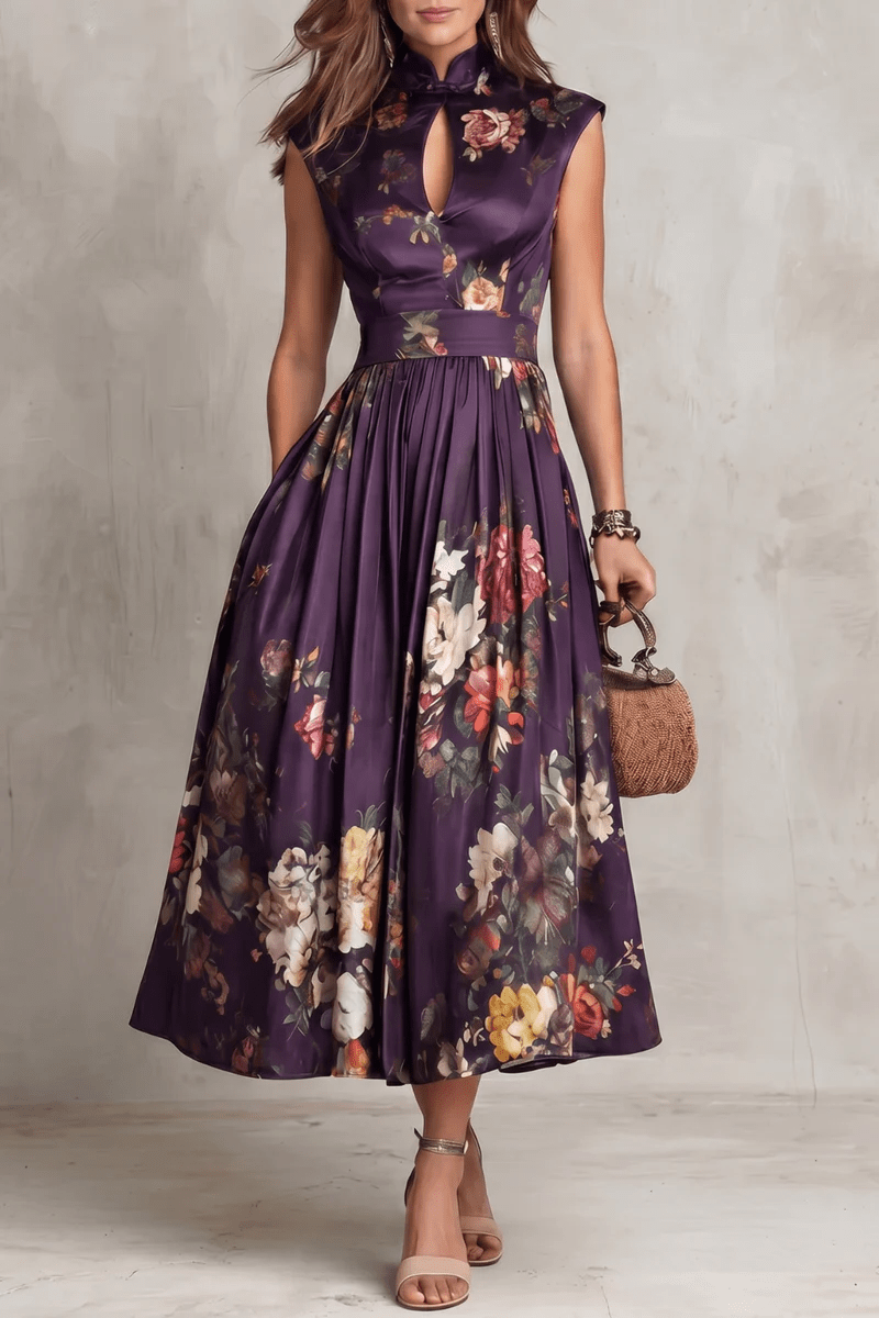 Rosalie | Keyhole Collar Floral Pleated Satin Midi Dress